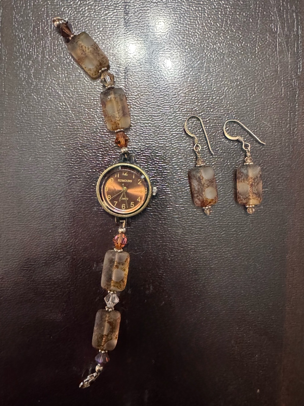 Rumours quartz wristwatch ( Working) And 14k Gold Filled Brown Beaded Earrings